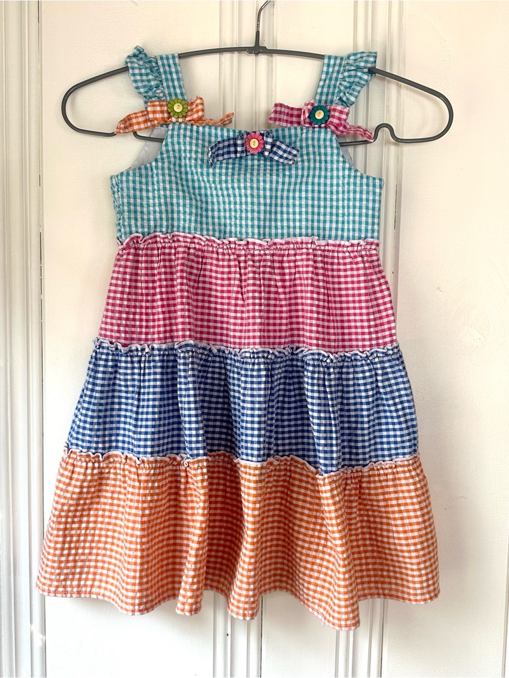 Blueberi Boulevard 4T Kids Gingham Tiered Dress in Teal, Pink, Blue, Orange